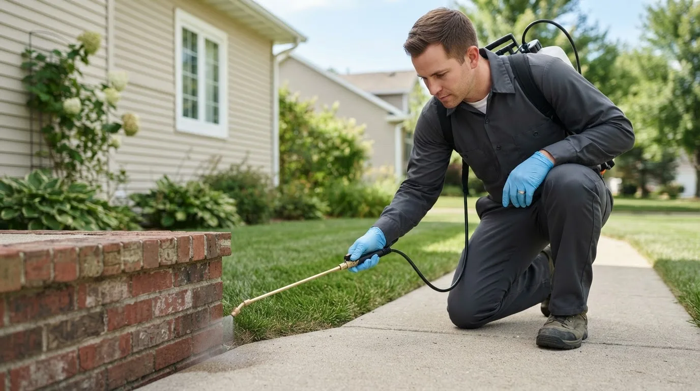 Pest control technician treating a home near Elkhart, TX