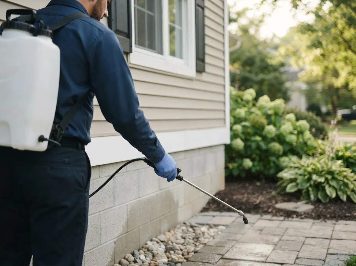Pest control technician inspecting a home in Elkhart, TX